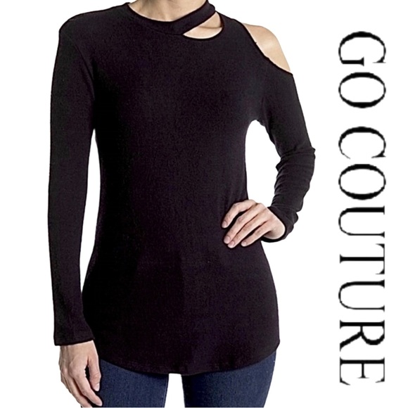 Go Couture Tops - Go Couture Black Asymmetrical Slash Long Sleeve Tee Shirt